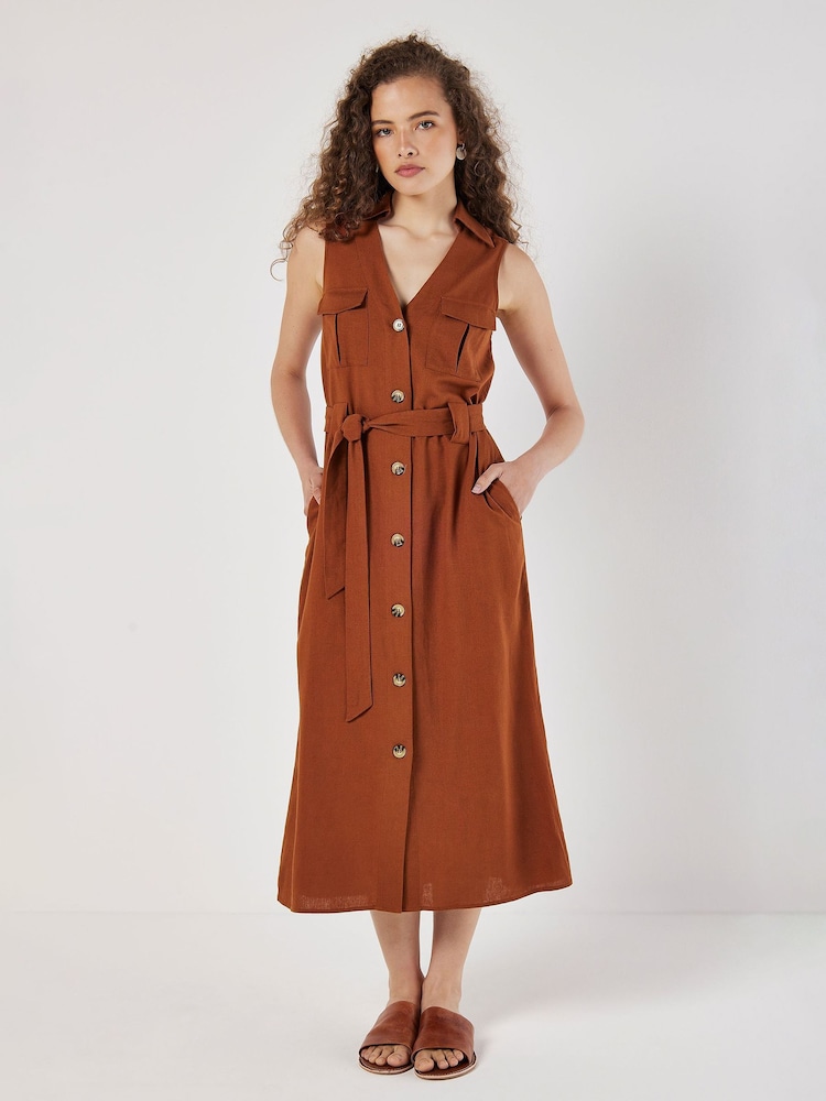 Apricot Brown Open Collar Utility Dress - Image 1 of 2