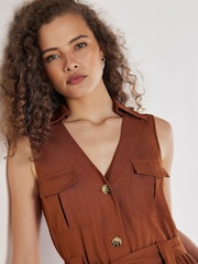 Apricot Brown Open Collar Utility Dress - Image 2 of 2