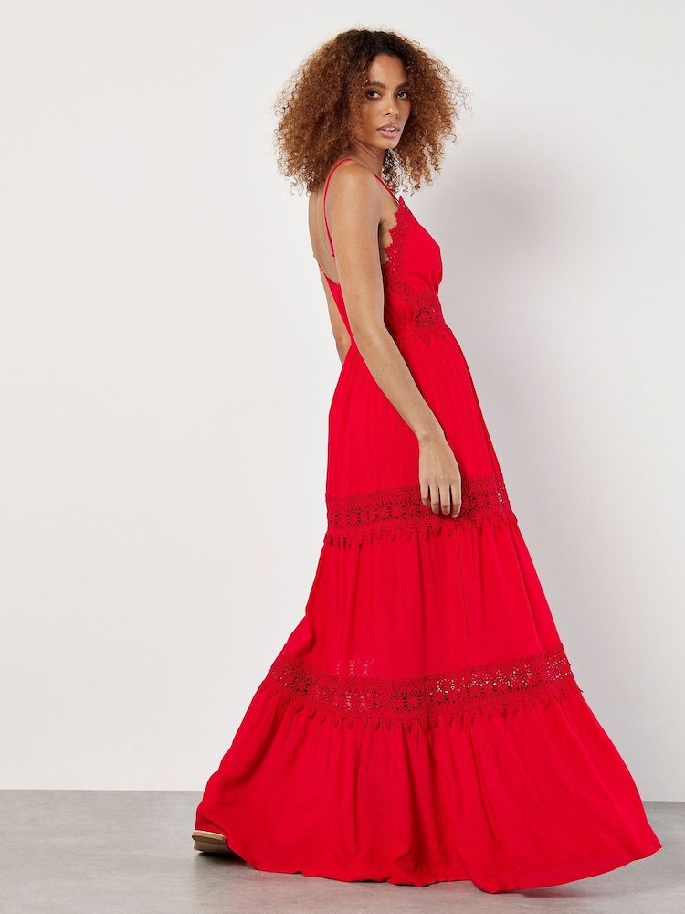Apricot Red Lace Insert Crinkle Cami Maxi Dress - Image 4 of 4