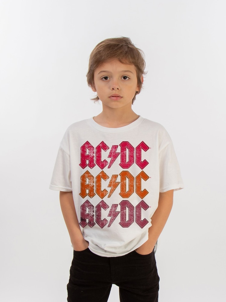 Brands In White ACDC Distressed Repeat Logo Boys Music T-Shirt - Image 1 of 3
