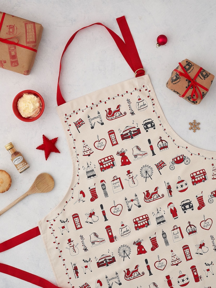 Victoria Eggs Red and Charcoal London Christmas 100% Cotton Apron - Image 1 of 3 Victoria Eggs Red and Charcoal London Christmas 100% Cotton Apron - Image 1 of 3