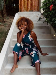 Weird Fish Dark Blue Nalani Eco Viscose Printed Jumpsuit - Image 1 of 5