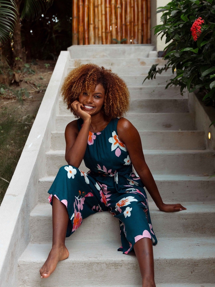 Weird Fish Dark Blue Nalani Eco Viscose Printed Jumpsuit - Image 1 of 5