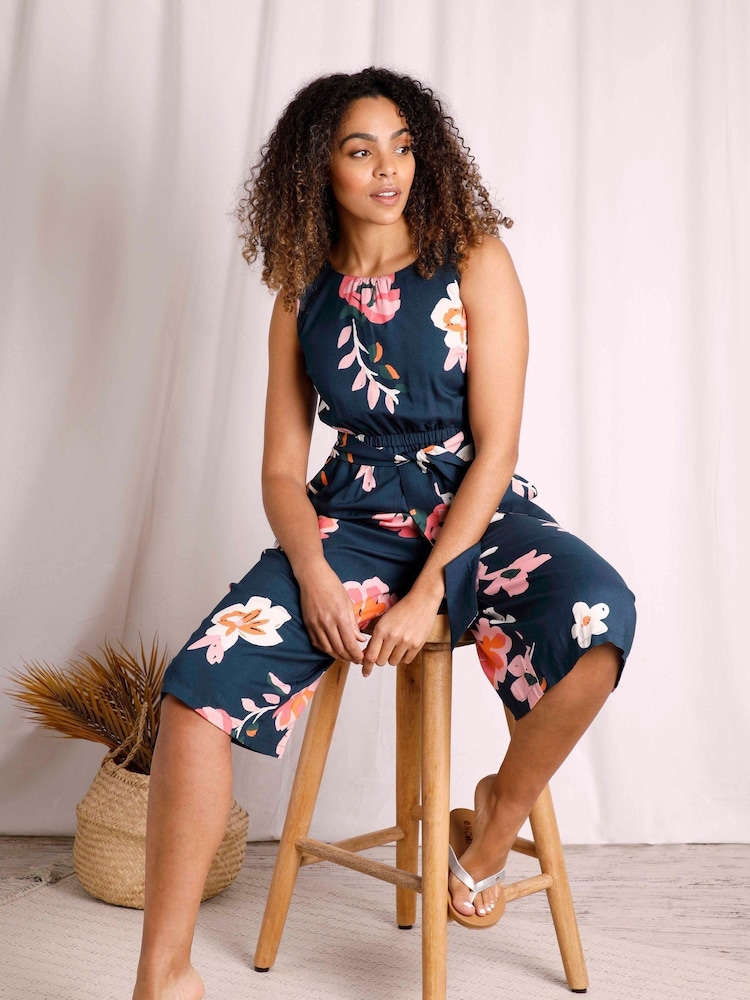 Weird Fish Dark Blue Nalani Eco Viscose Printed Jumpsuit - Image 2 of 5