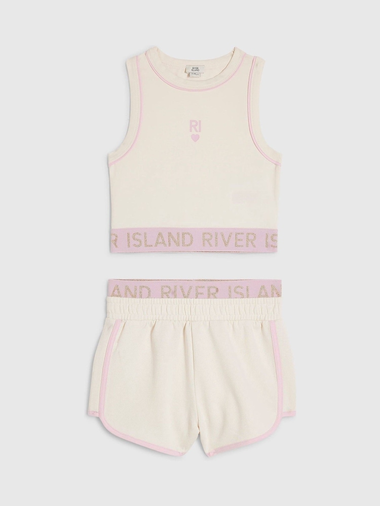 River Island Cream Logo Waistband Tank & Short Set - Image 1 of 4