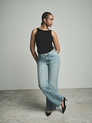 Mid Blue Hourglass Baggy 100% Cotton Wide Leg Jeans - Image 1 of 13