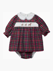 Trotters London Red Little Tartan Reindeer Smocked 100% Cotton Christmas Dress - Image 1 of 3