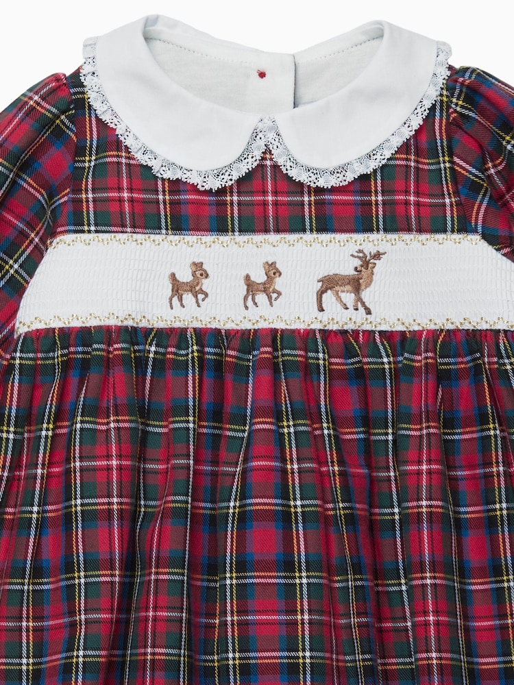 Trotters London Red Little Tartan Reindeer Smocked 100% Cotton Christmas Dress - Image 3 of 3
