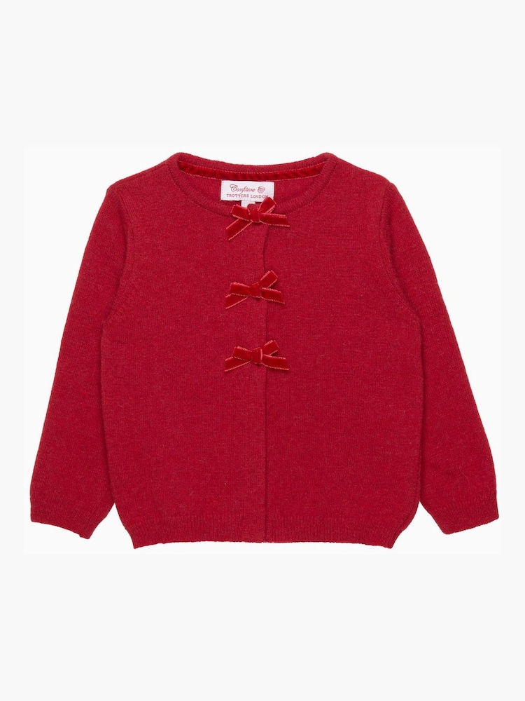 Trotters London Red Little Crimson Velvet Bow Cardigan - Image 1 of 3