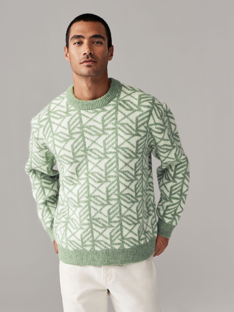 Geometric White/Green Relaxed Fit Brushed Pattern Crew Jumper - Image 1 of 8