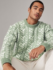Geometric White/Green Relaxed Fit Brushed Pattern Crew Jumper - Image 2 of 8