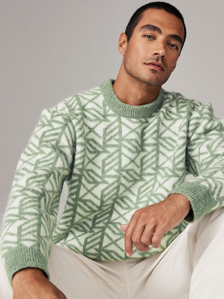 Geometric White/Green Relaxed Fit Brushed Pattern Crew Jumper - Image 2 of 8