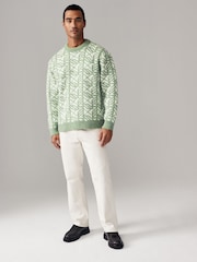 Geometric White/Green Relaxed Fit Brushed Pattern Crew Jumper - Image 3 of 8