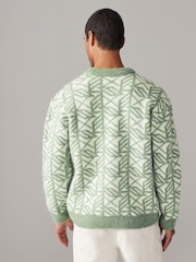 Geometric White/Green Relaxed Fit Brushed Pattern Crew Jumper - Image 4 of 8