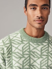 Geometric White/Green Relaxed Fit Brushed Pattern Crew Jumper - Image 5 of 8
