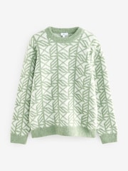 Geometric White/Green Relaxed Fit Brushed Pattern Crew Jumper - Image 6 of 8