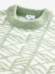 Geometric White/Green Relaxed Fit Brushed Pattern Crew Jumper - Image 8 of 8