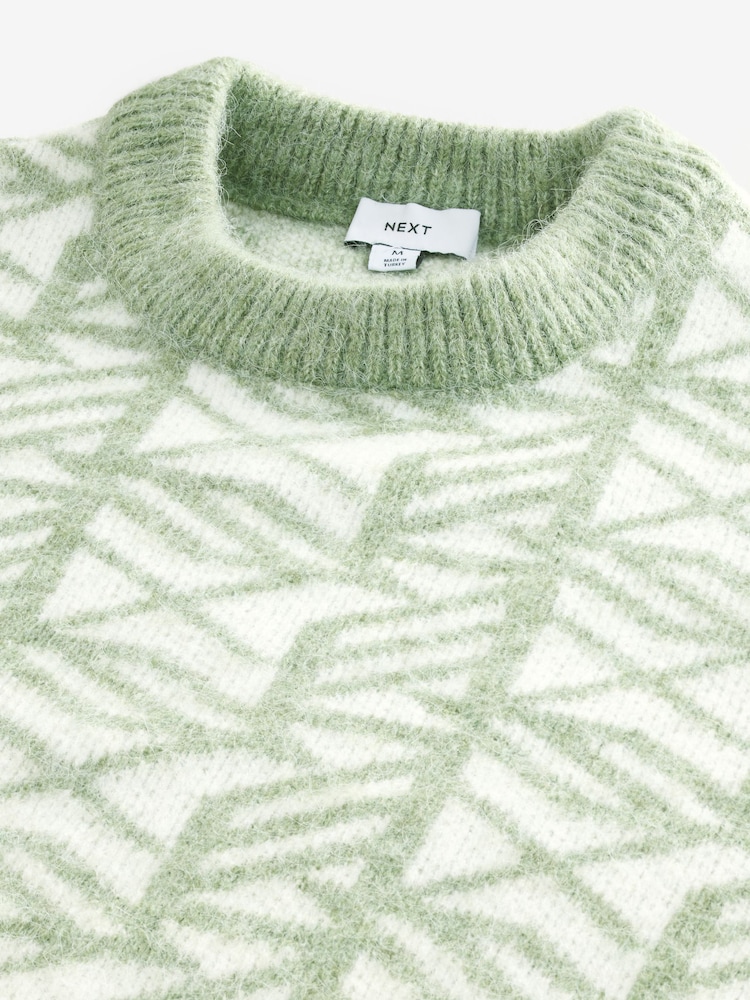 Geometric White/Green Relaxed Fit Brushed Pattern Crew Jumper - Image 8 of 8
