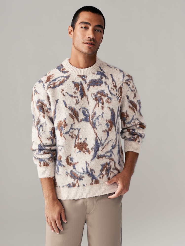 Neutral Floral Relaxed Fit Brushed Pattern Crew Jumper - Image 1 of 9