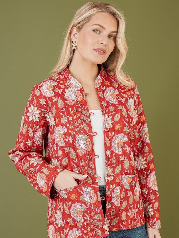 Yumi Red Floral Print Reversible Cotton Quilted Jacket - Image 1 of 5
