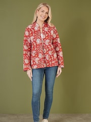 Yumi Red Floral Print Reversible Cotton Quilted Jacket - Image 2 of 5