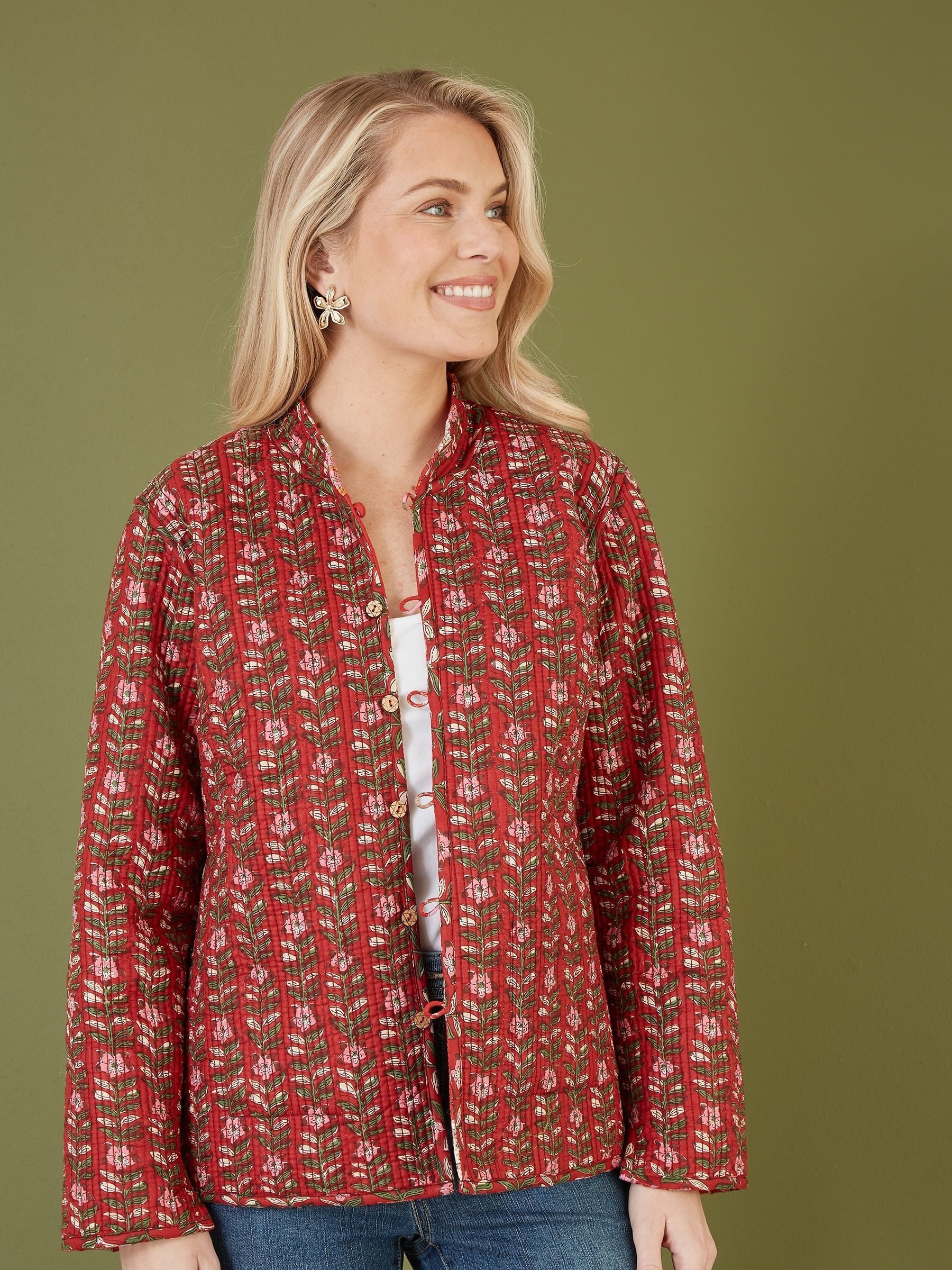 Buy Yumi Red Floral Print Reversible Cotton Quilted Jacket from