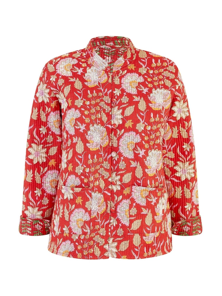 Yumi Red Floral Print Reversible Cotton Quilted Jacket - Image 5 of 5