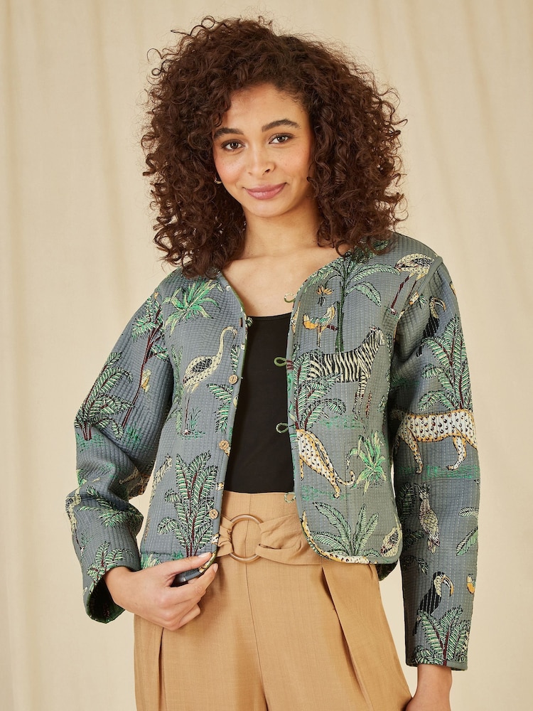 Yumi Green Reversible Cotton Cropped Quilted Jacket - Image 4 of 5