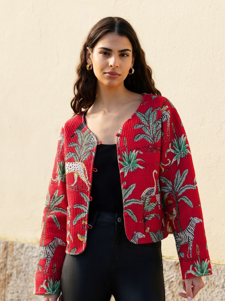 Yumi Red Reversible Cotton Cropped Quilted Jacket - Image 1 of 5