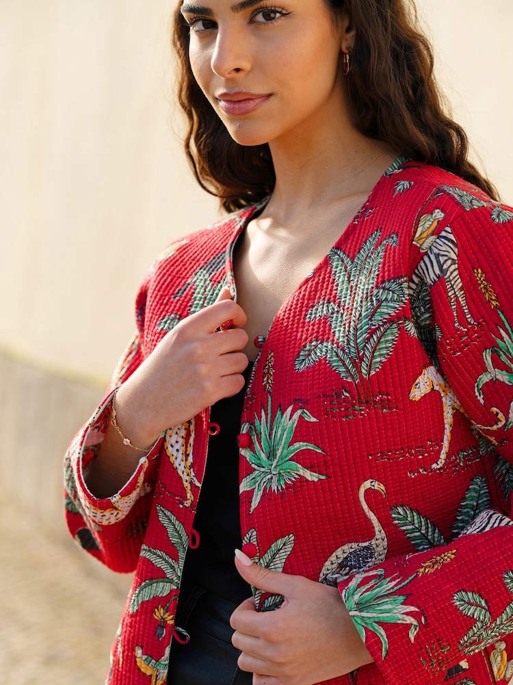 Yumi Red Reversible Cotton Cropped Quilted Jacket - Image 2 of 5
