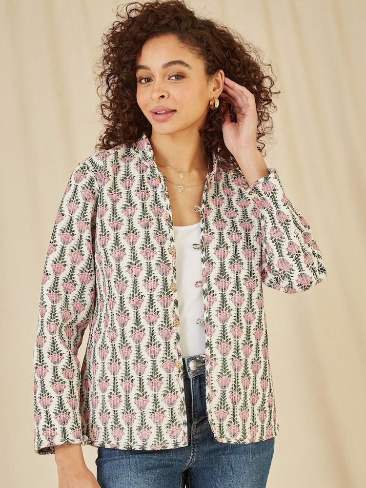 Yumi Pink Floral Print Reversible Cotton Quilted Jacket - Image 4 of 5