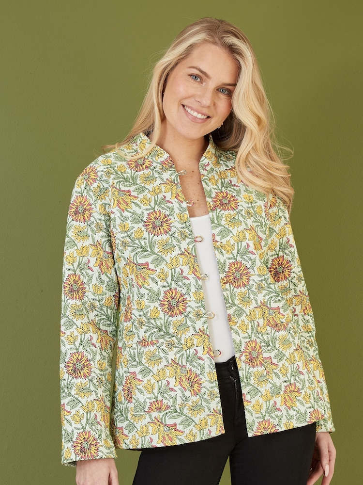 Yumi Yellow Floral Print Reversible Cotton Quilted Jacket - Image 1 of 5
