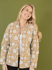 Yumi Yellow Floral Print Reversible Cotton Quilted Jacket - Image 3 of 5