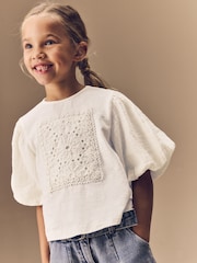 Ecru 100% Cotton Puff Sleeve Crochet T-Shirt (3-16yrs) - Image 1 of 13