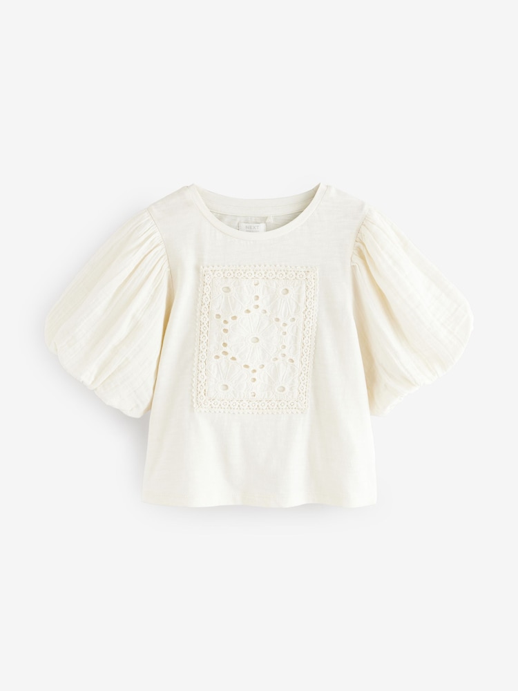 Ecru 100% Cotton Puff Sleeve Crochet T-Shirt (3-16yrs) - Image 10 of 13