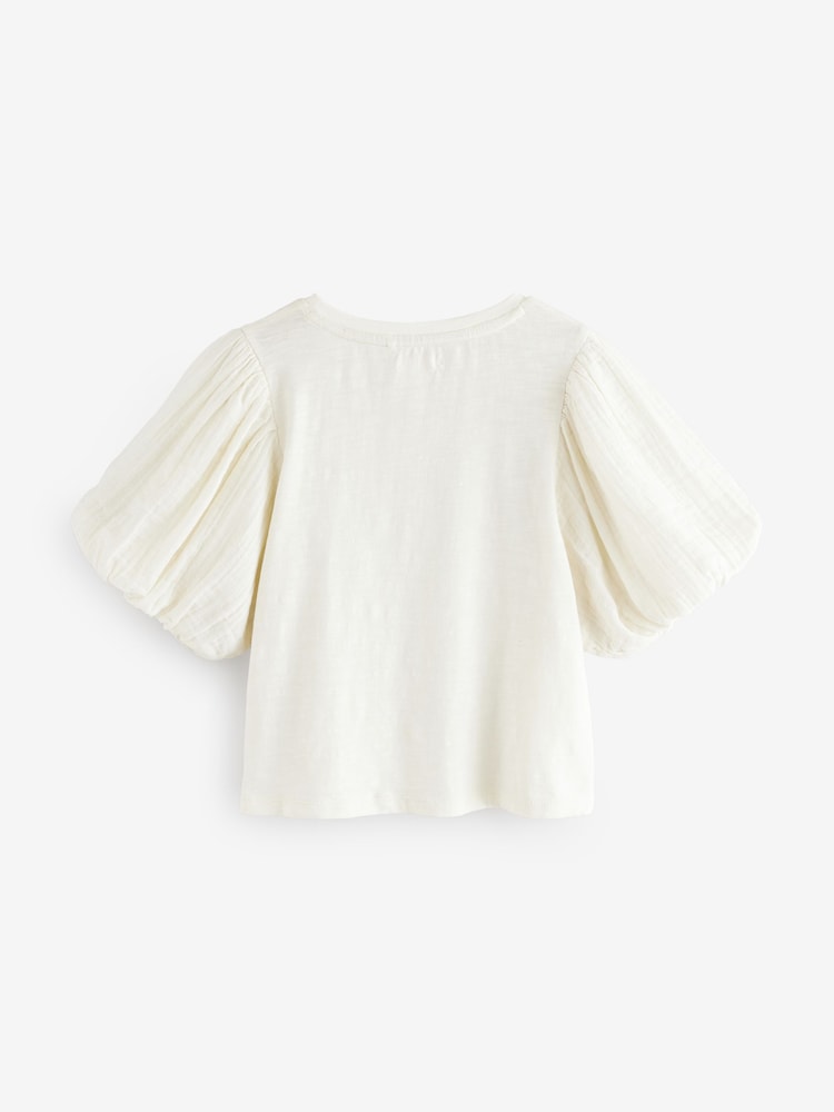 Ecru 100% Cotton Puff Sleeve Crochet T-Shirt (3-16yrs) - Image 11 of 13