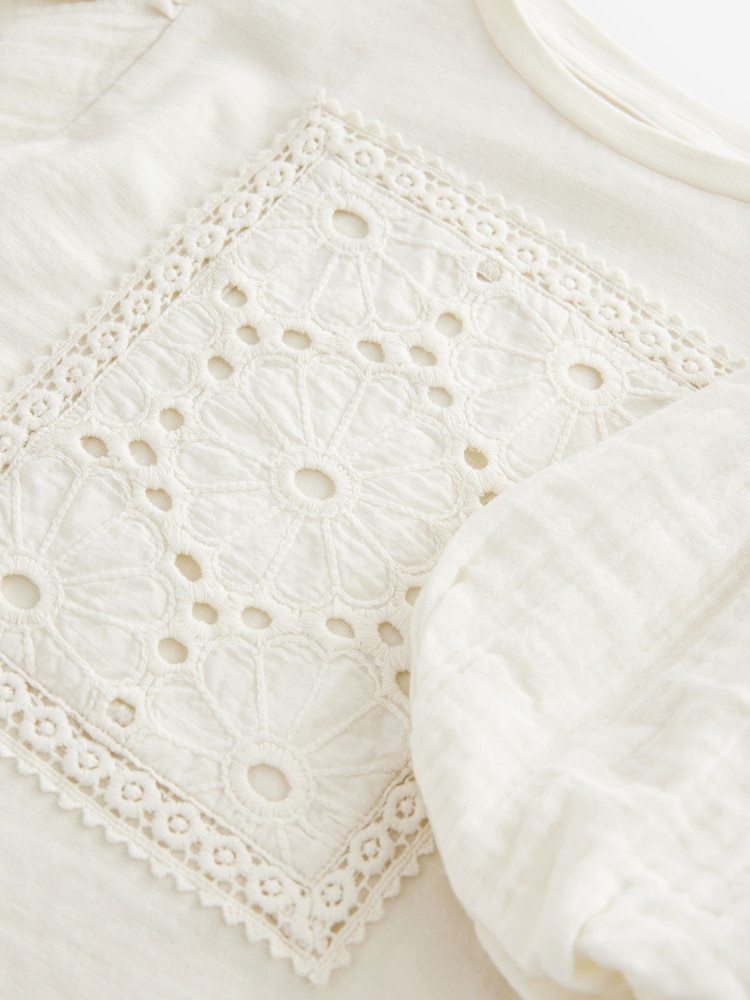 Ecru 100% Cotton Puff Sleeve Crochet T-Shirt (3-16yrs) - Image 12 of 13