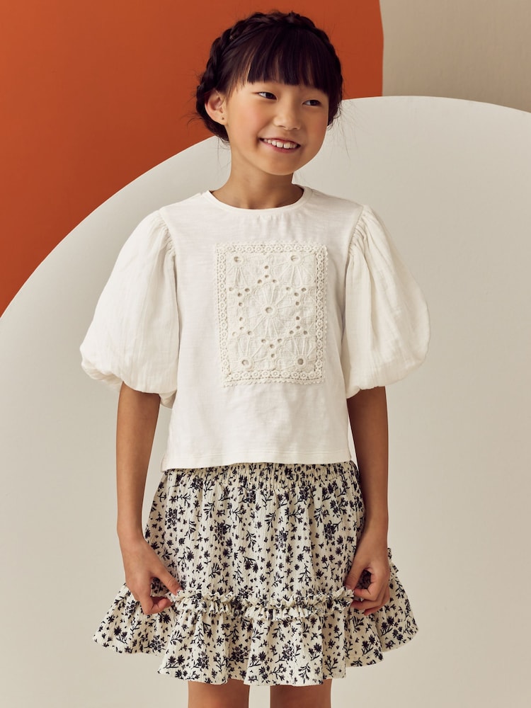 Ecru 100% Cotton Puff Sleeve Crochet T-Shirt (3-16yrs) - Image 2 of 13