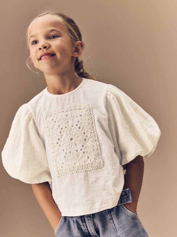 Ecru 100% Cotton Puff Sleeve Crochet T-Shirt (3-16yrs) - Image 4 of 13