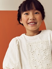 Ecru 100% Cotton Puff Sleeve Crochet T-Shirt (3-16yrs) - Image 5 of 13
