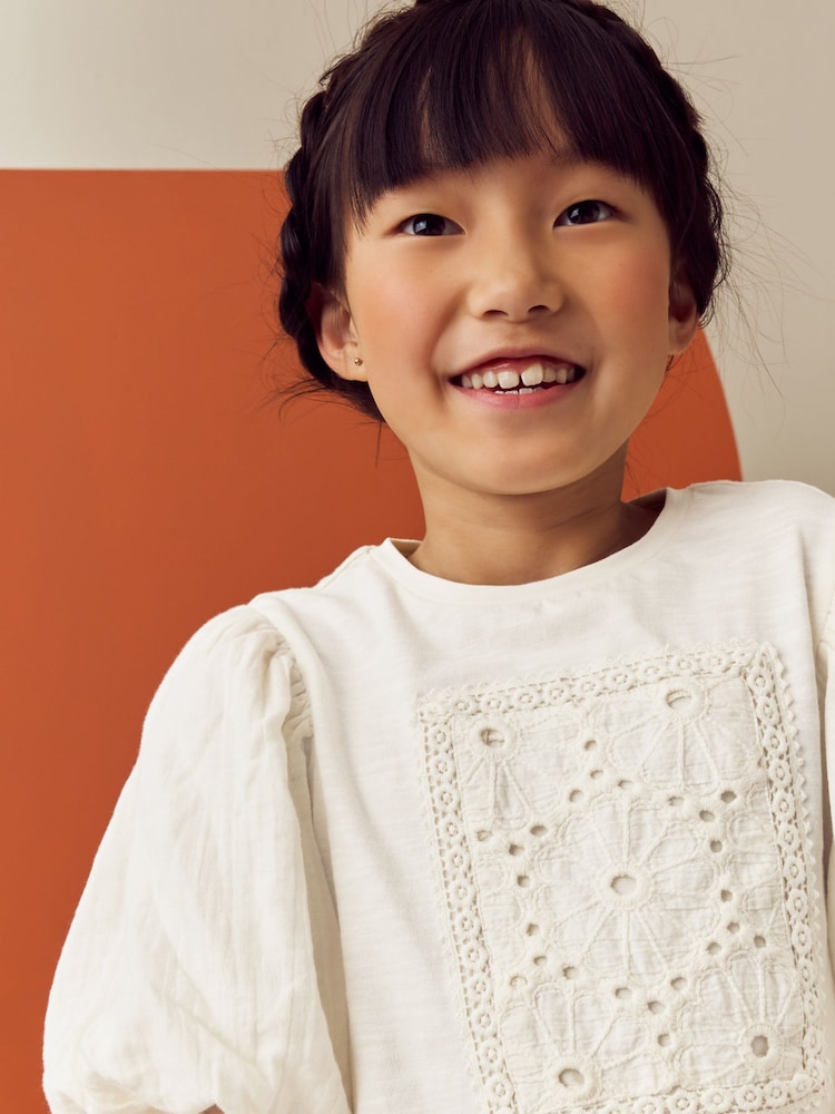 Ecru 100% Cotton Puff Sleeve Crochet T-Shirt (3-16yrs) - Image 5 of 13