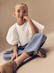 Ecru 100% Cotton Puff Sleeve Crochet T-Shirt (3-16yrs) - Image 7 of 13