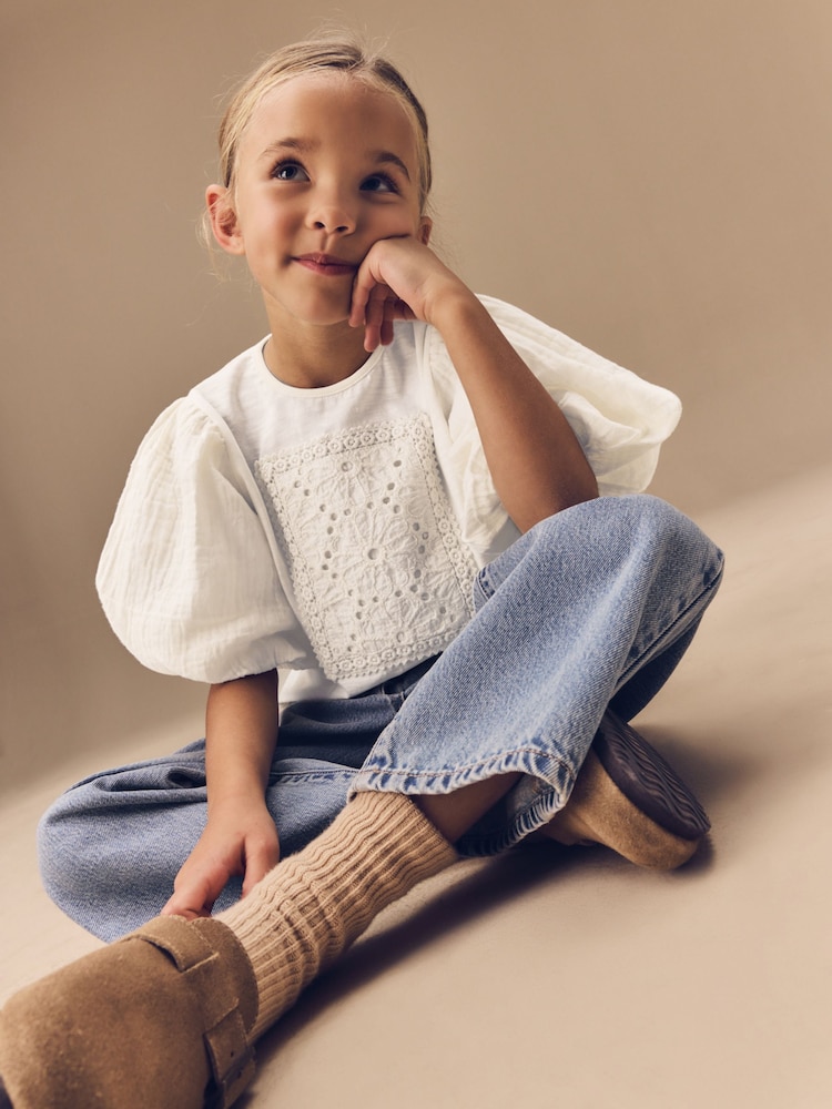 Ecru 100% Cotton Puff Sleeve Crochet T-Shirt (3-16yrs) - Image 7 of 13