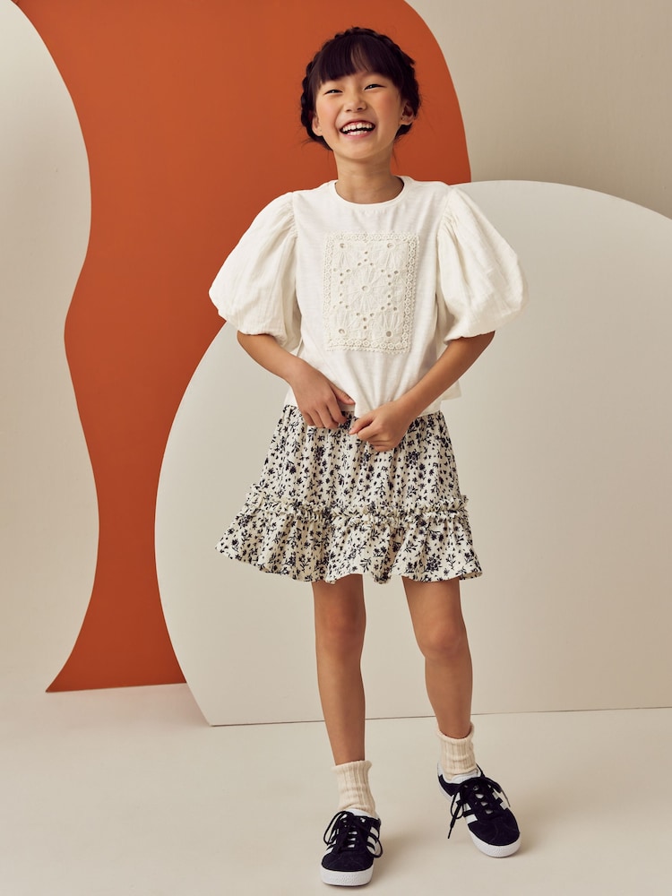 Ecru 100% Cotton Puff Sleeve Crochet T-Shirt (3-16yrs) - Image 8 of 13