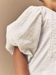 Ecru 100% Cotton Puff Sleeve Crochet T-Shirt (3-16yrs) - Image 9 of 13