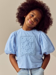 Blue 100% Cotton Puff Sleeve Crochet T-Shirt (3-16yrs) - Image 1 of 8