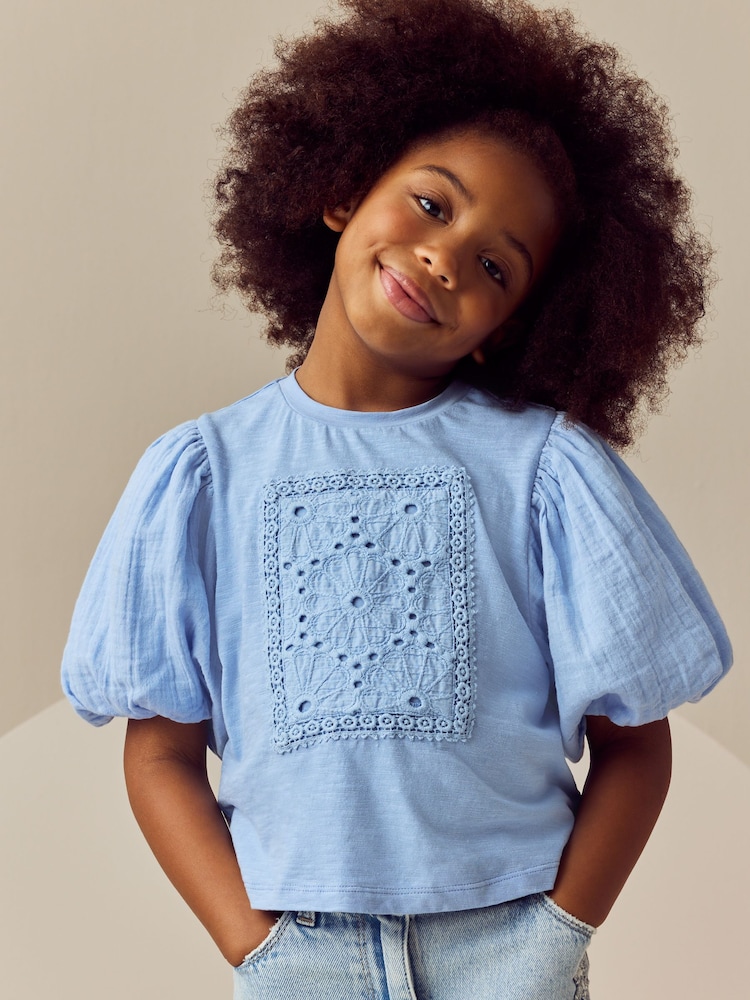 Blue 100% Cotton Puff Sleeve Crochet T-Shirt (3-16yrs) - Image 1 of 8