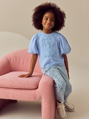 Blue 100% Cotton Puff Sleeve Crochet T-Shirt (3-16yrs) - Image 2 of 8