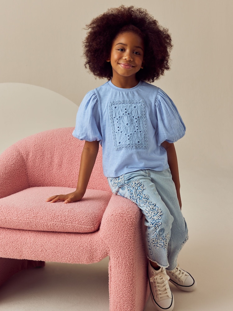 Blue 100% Cotton Puff Sleeve Crochet T-Shirt (3-16yrs) - Image 2 of 8