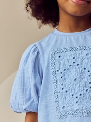 Blue 100% Cotton Puff Sleeve Crochet T-Shirt (3-16yrs) - Image 4 of 8